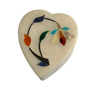 VTG 1980 Soapstone Heart Trinket Box Mother of Pearl Inlay Pietra Dura 2.25"